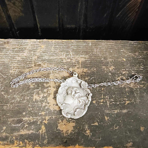 Vintage Pewter Cameo Pendant On Chain