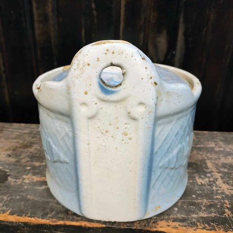 Antique Blue And White Hanging Salt Box Salt Glaze Stoneware Crock With Lid