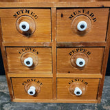 Vintage Wood Wooden 6 Drawer Spice Box With White Knobs