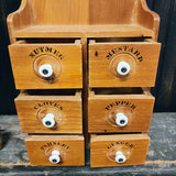 Vintage Wood Wooden 6 Drawer Spice Box With White Knobs