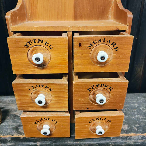Vintage Wood Wooden 6 Drawer Spice Box With White Knobs