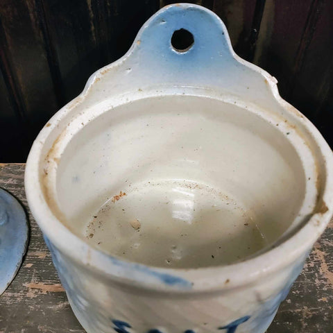 Antique Blue And White Hanging Salt Box Salt Glaze Stoneware Crock With Lid