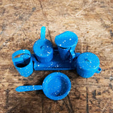 Vintage Miniature Dollhouse Blue White Speckle Enamel Kitchen Pots Pans Pitcher 8 Piece
