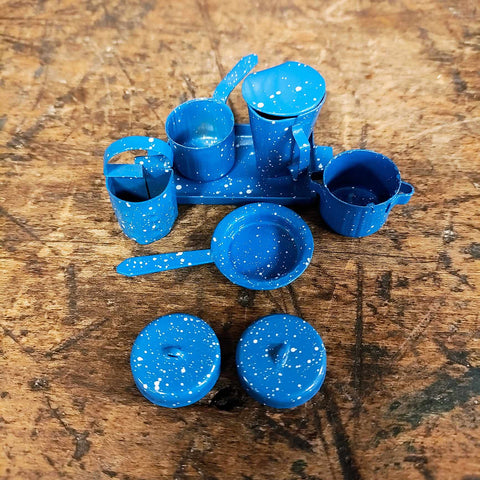 Vintage Miniature Dollhouse Blue White Speckle Enamel Kitchen Pots Pans Pitcher 8 Piece