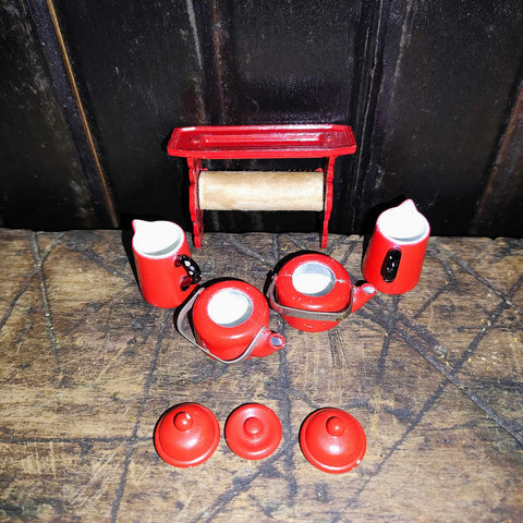 Red Enamelware Miniature Dollhouse Set Of 8