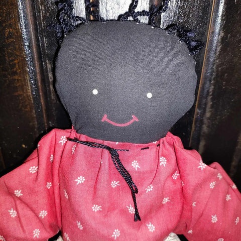 Vintage 17" Black Folk Art Stuffed Doll with Painted Face and Removable Apron