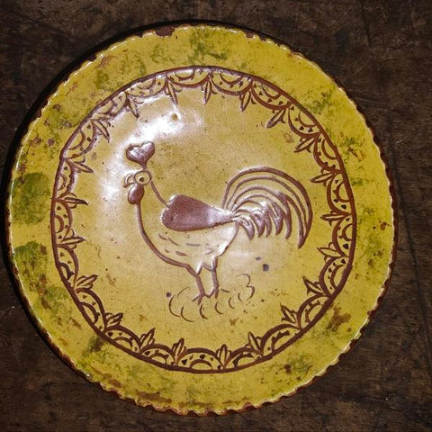 Pair Redware Pennsylvania Decorated Plates ,With Slip Decorated Redware Mug