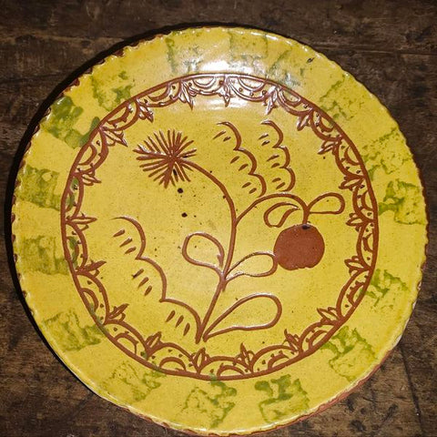 Pair Redware Pennsylvania Decorated Plates ,With Slip Decorated Redware Mug