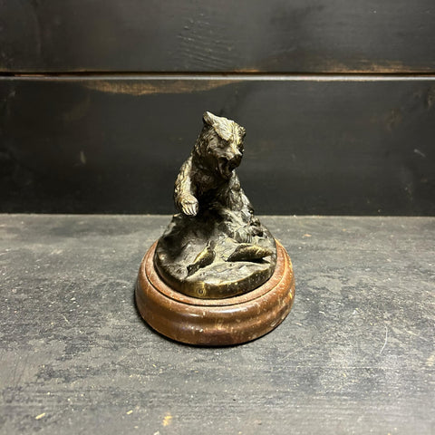 Vintage Grizzly Bear Salmon Fishing Bronzed Figurine