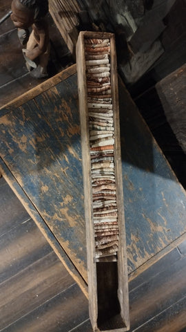 Old Wood Narrow Box With Antique Quilt Pieces