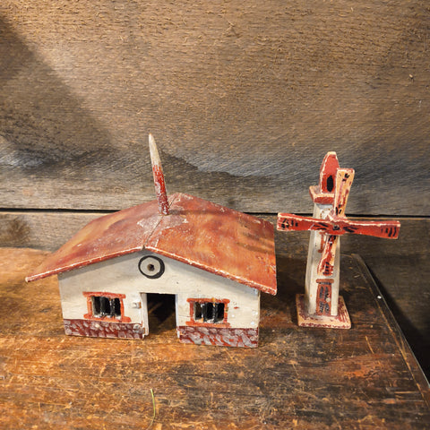 Primitive Vintage Folk Art House And Windmill