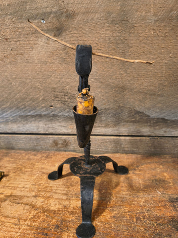 Antique Hand Forged Rush Light with Candle Holder Penny Feet Tripod