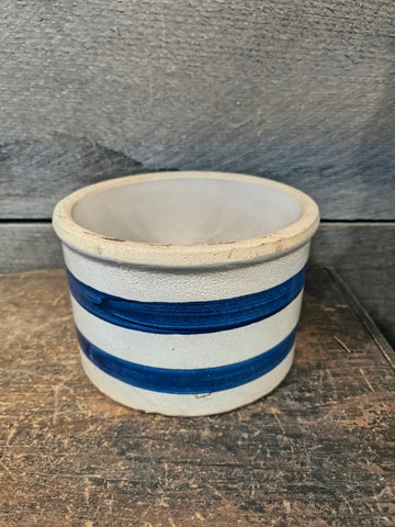 Vintage Pottery Blue Banded Squat Crock Jar Container