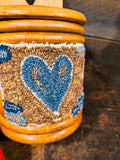 ANTIQUE PRIMITIVE WOODEN SALT BOX with Punch Needle Art