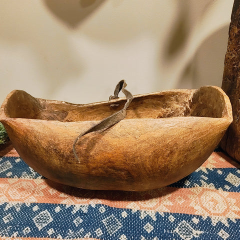 Antique Wooden Bowl with leather strap