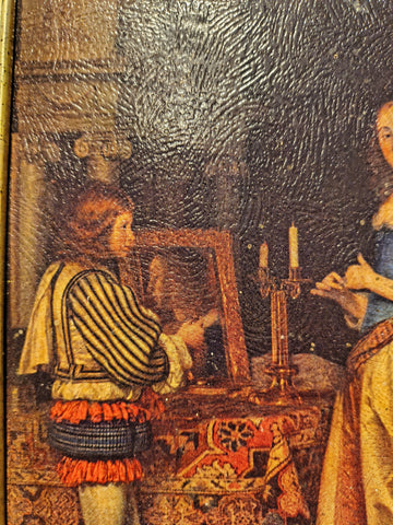 Vintage Oil canvas painting noblewoman interior dog Flanders school