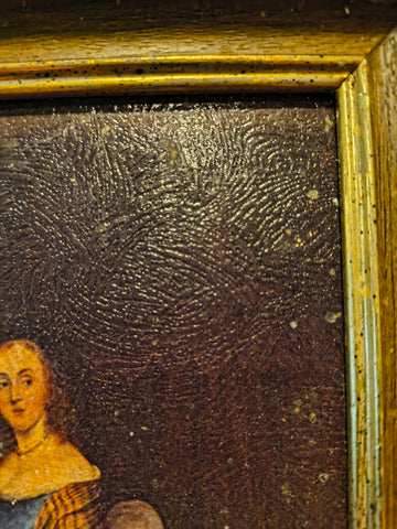 Vintage Oil canvas painting noblewoman interior dog Flanders school