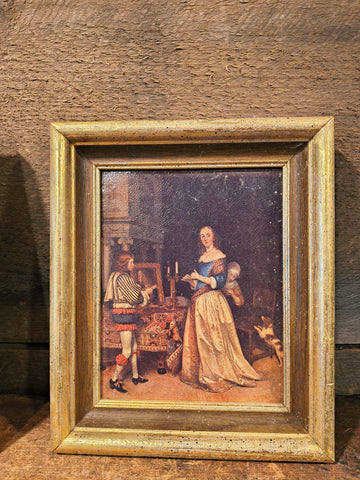 Vintage Oil canvas painting noblewoman interior dog Flanders school