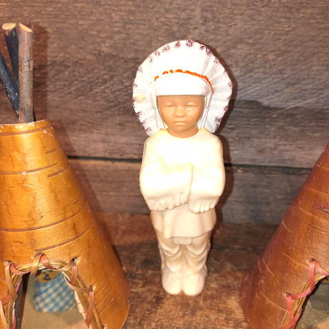 Vintage Mid Century Canadiana Roadside Souvenir, Set 2 Birch Tipis & Pappoose Chief.