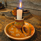 Vintage Folk Art Clay Chamberstick Candle Holder w/ Candle