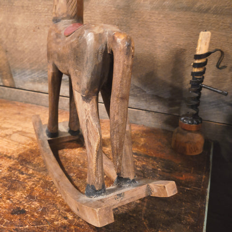 Primitive Hand Carved Wooden Rocking Horse Figural Folk Art Primitive Decor 14"x17"