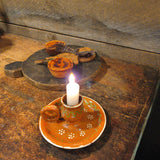 Vintage Folk Art Clay Chamberstick Candle Holder w/ Candle