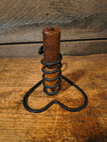 Primitive Black Wrought Iron and Wood Spiral Courting Candle Holder