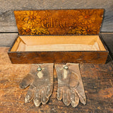 Antique Victorian-Era Box With A Pair Of Antique Childrens Leather Gloves.