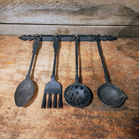 Vtg 5 Pc Set CAST IRON KITCHEN UTENSIL Spoon Ladle Rack TAIWAN Primitive Decor