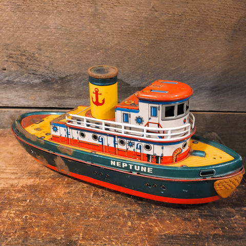 VTG Tug Boat Neptune Tin Litho Modern Toys Japan Tugboat