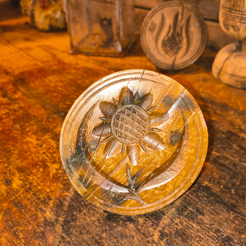 Antique Primitive Wooden Butter Stamp / Butter Print of a Sunflower