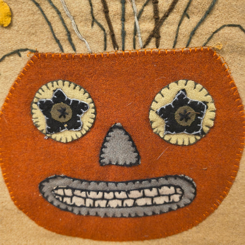 Primitive Halloween Folk Art Wall Decor - Hand Stitched Wool Felt Applique Pumpkin Witch Black Cat On Wood Panel - 12.5" x 14.5"