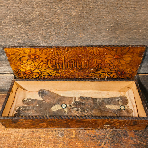 Antique Victorian-Era Box With A Pair Of Antique Childrens Leather Gloves.