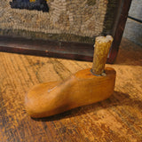 Antique Hooked Matt Inserted into a Red Painter Sorting Tray with Shoe Mold Candle Holder