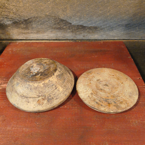 Antique Wooden Hand Turned Salt Bowl w/ Lid