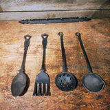 Vtg 5 Pc Set CAST IRON KITCHEN UTENSIL Spoon Ladle Rack TAIWAN Primitive Decor
