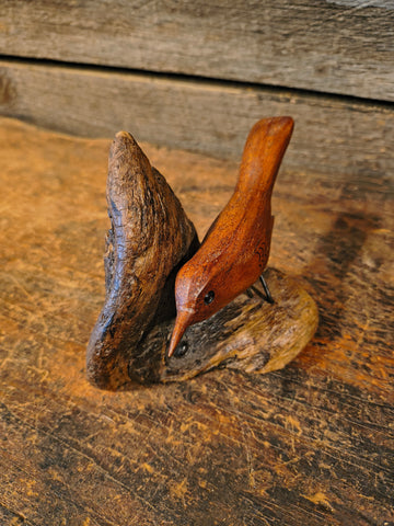 Wren Bird on Branch Signed Bryan Whaley Hand Carved Folk Art Sculpture 4.5" Vtg