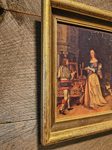 Vintage Oil canvas painting noblewoman interior dog Flanders school