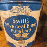 Vintage blue and white Swift's Silverleaf Brand Pure Lard 8-pound metal tin bucket.