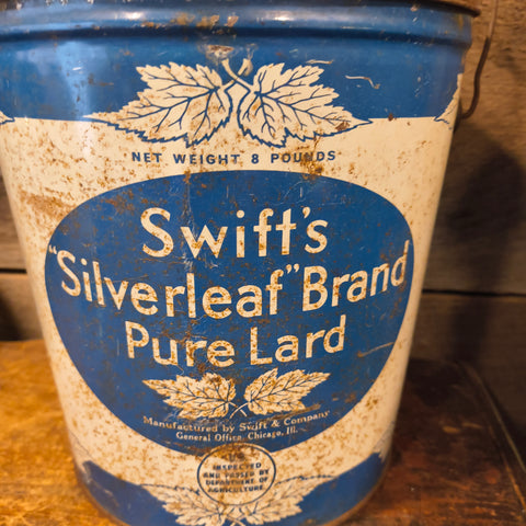 Vintage blue and white Swift's Silverleaf Brand Pure Lard 8-pound metal tin bucket.