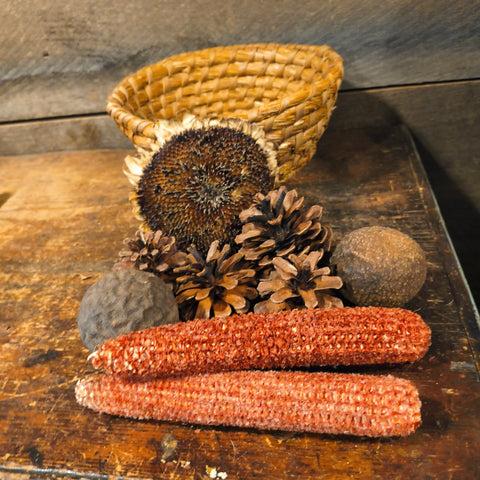 Antique Primitive Coiled Rye Basket with Dry Goods