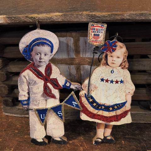 Vintage Wooden GIRL w AMERICAN FLAG BUNTING,Boy Holding USA Bunting