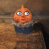 Primitive Paper Mache Pumpkin on a Wooden Measuring Grain Box 7"