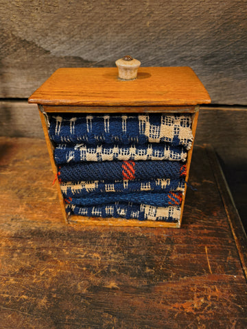 Primitive Animal Apothecary Drawer Early Blue Coverlets and Lindsey Woolsey Coverlet Strips.