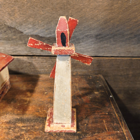 Primitive Vintage Folk Art House And Windmill