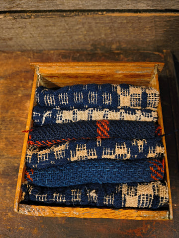 Primitive Animal Apothecary Drawer Early Blue Coverlets and Lindsey Woolsey Coverlet Strips.