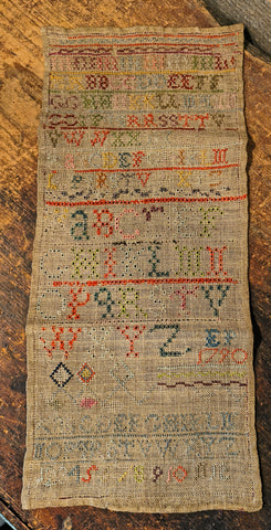 Antique Primitive LATE 18TH CENTURY ALPHABET & DIAMOND BORDER SAMPLER INITIALLED E.P - 1790