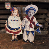 Vintage Wooden GIRL w AMERICAN FLAG BUNTING,Boy Holding USA Bunting