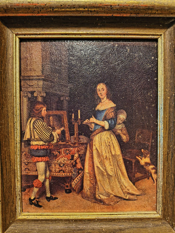 Vintage Oil canvas painting noblewoman interior dog Flanders school