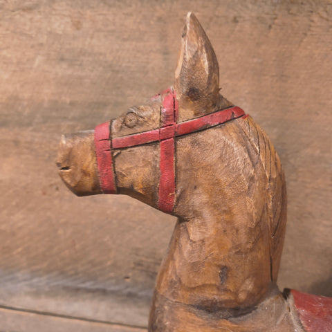 Primitive Hand Carved Wooden Rocking Horse Figural Folk Art Primitive Decor 14"x17"